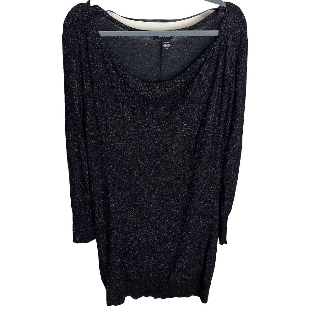 DKNY JEANS Black Gold Metallic Sparkly Long Sleeve Cowl Neck Sweater Dress 22/24